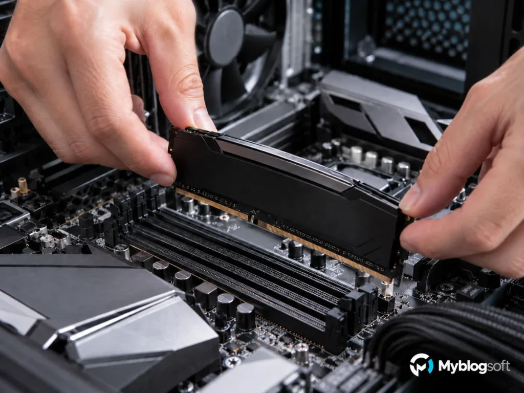Instalación de un módulo de memoria RAM en la placa base de un PC.