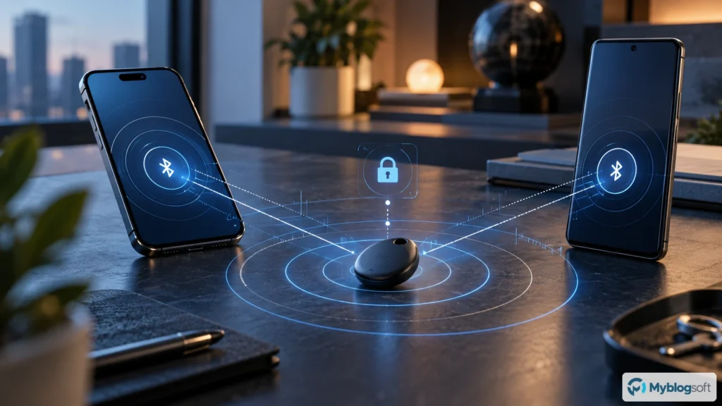 Dos teléfonos calculando la distancia a un localizador Bluetooth con una visualización de posicionamiento seguro.