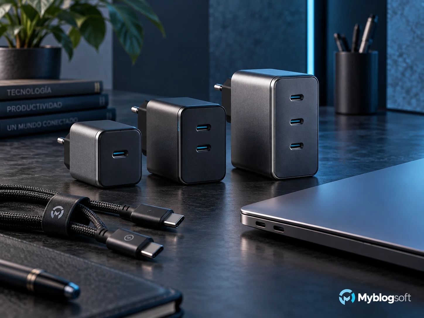 Comparativa profesional de cargadores USB-C de distintas potencias sobre un escritorio tecnológico.