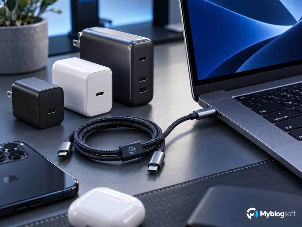 Espacio de trabajo con varios cargadores USB-C, cable con chip y portátil conectado.