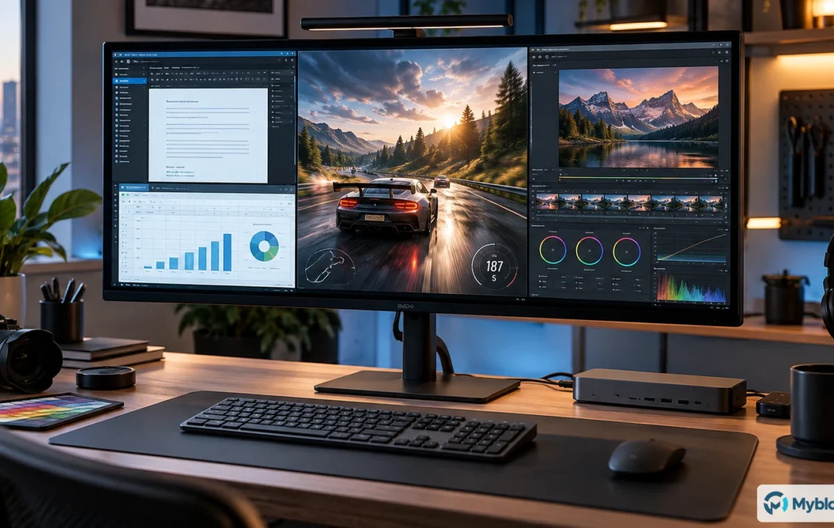 Estación de trabajo premium con monitor panorámico usado para productividad, videojuegos y edición de imagen.