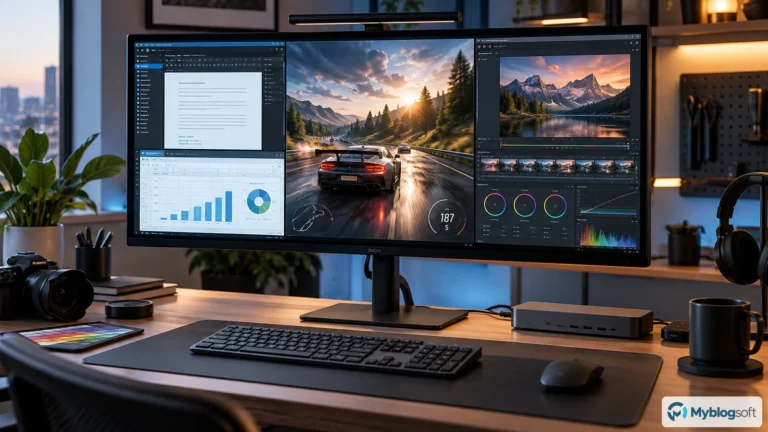 Estación de trabajo premium con monitor panorámico usado para productividad, videojuegos y edición de imagen.