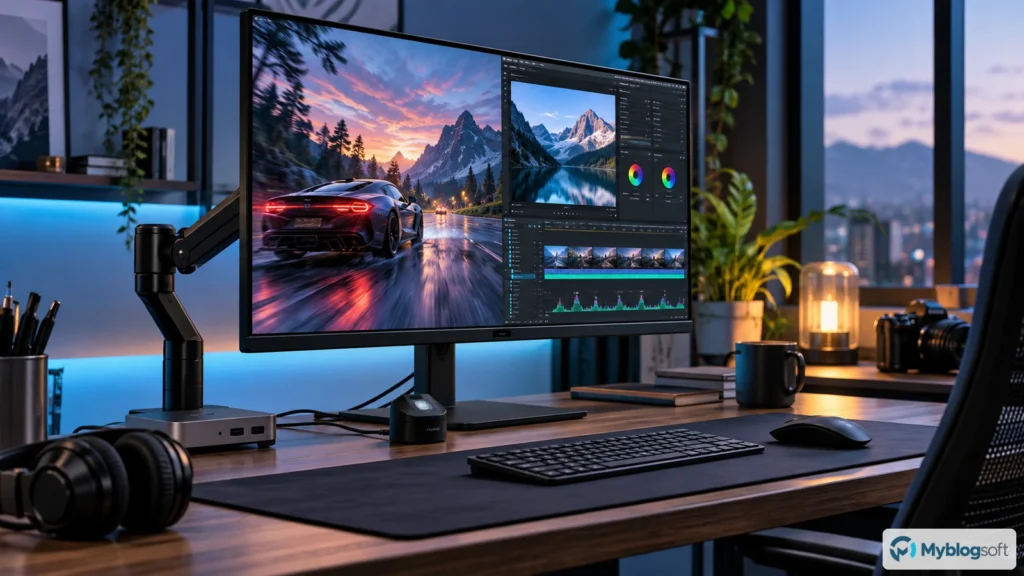 Monitor profesional en brazo articulado con flujo de edición y videojuegos en un escritorio de creador.