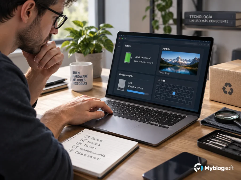 Revisión de batería, pantalla, SSD y estado general en un portátil reacondicionado.
