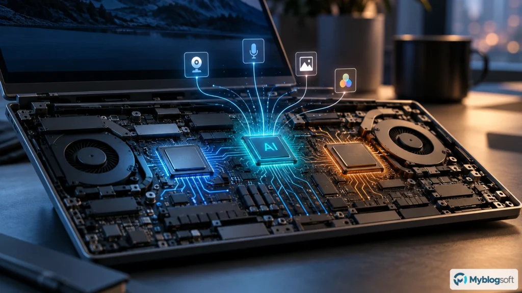 Interior de un portátil mostrando un procesador dedicado a inteligencia artificial conectado a tareas de cámara, voz e imagen.