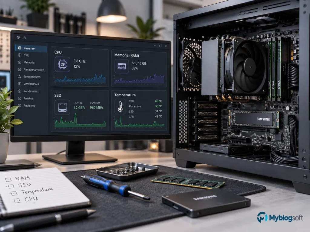 Mesa técnica con monitorización de CPU, RAM, SSD y temperatura en un PC.