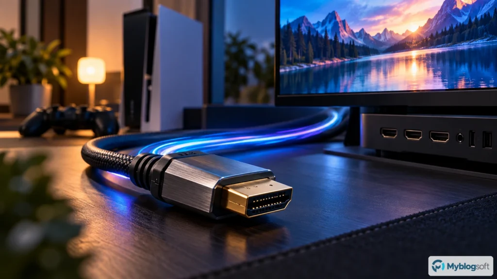 Primer plano de un conector HDMI de alta calidad frente a una pantalla y un sistema de videojuegos.