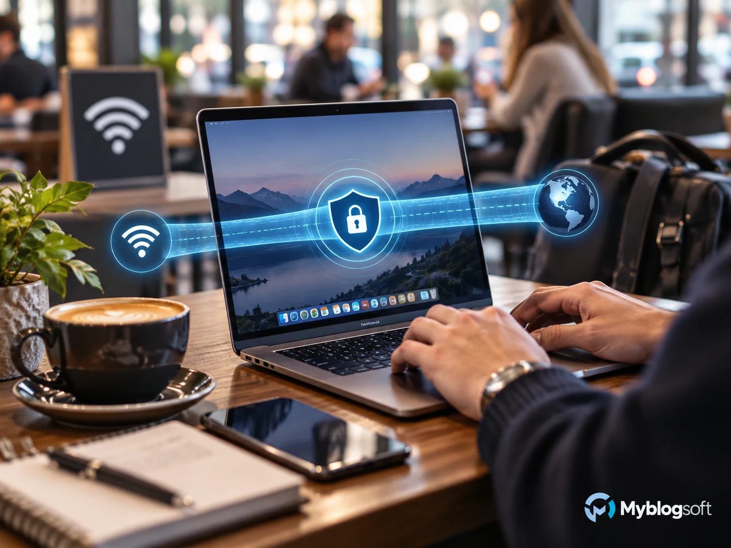 Conexión VPN segura en una cafetería usando Wi-Fi público desde un portátil.