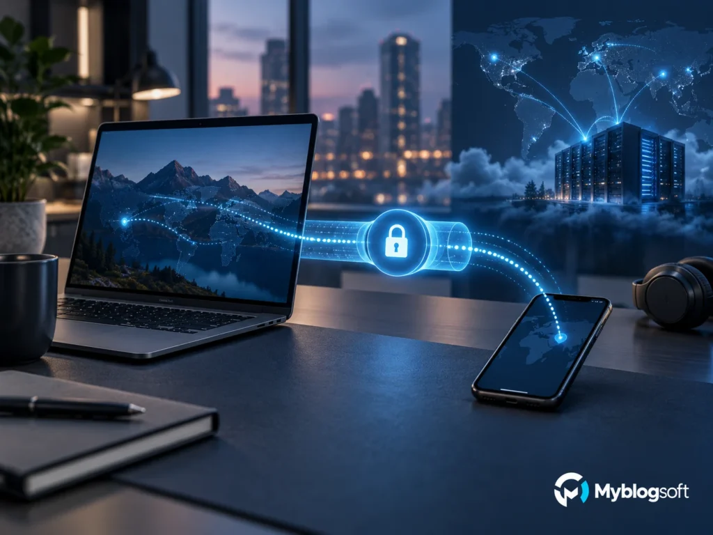 Esquema visual de túnel VPN entre dispositivos y servidores remotos.