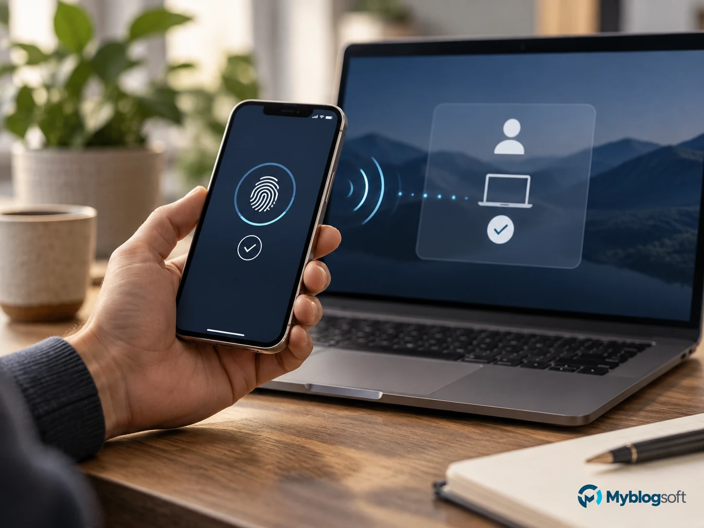 Autenticación biométrica entre un teléfono y un portátil durante un acceso con passkeys.