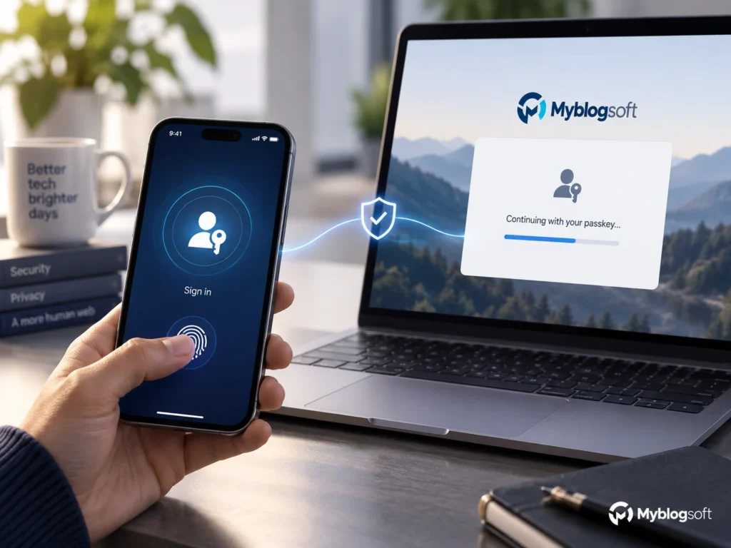 Inicio de sesión sin contraseña mediante passkey entre smartphone y portátil.