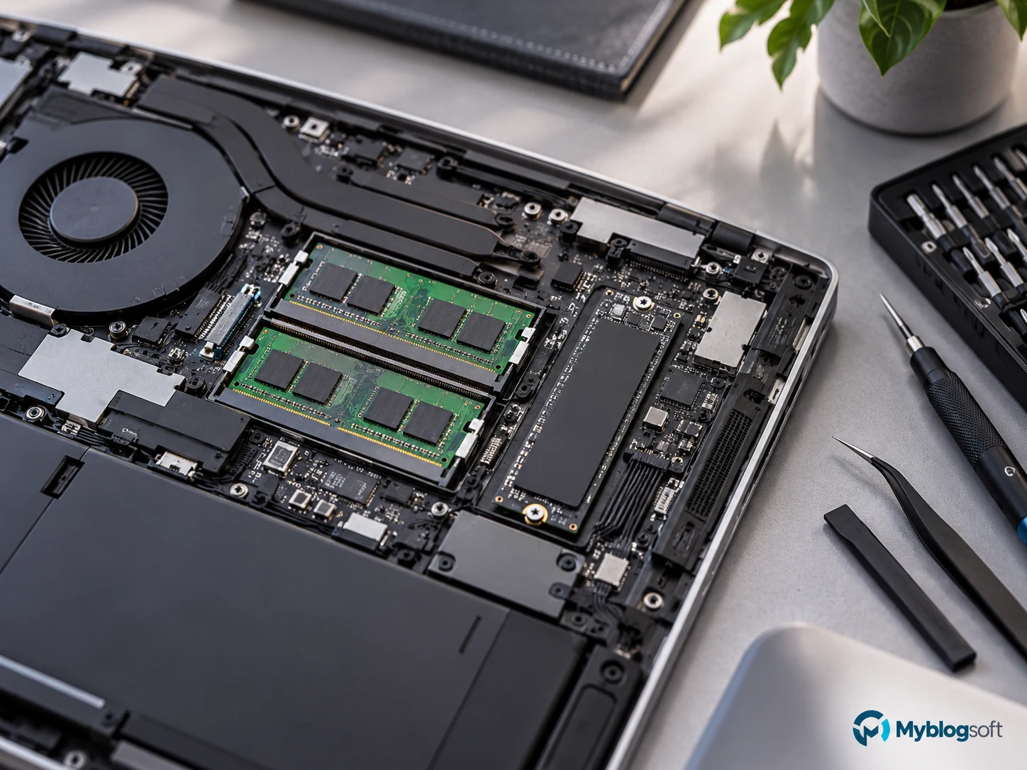 Interior abierto de un portátil mostrando memoria RAM y unidad SSD M.2 en primer plano.