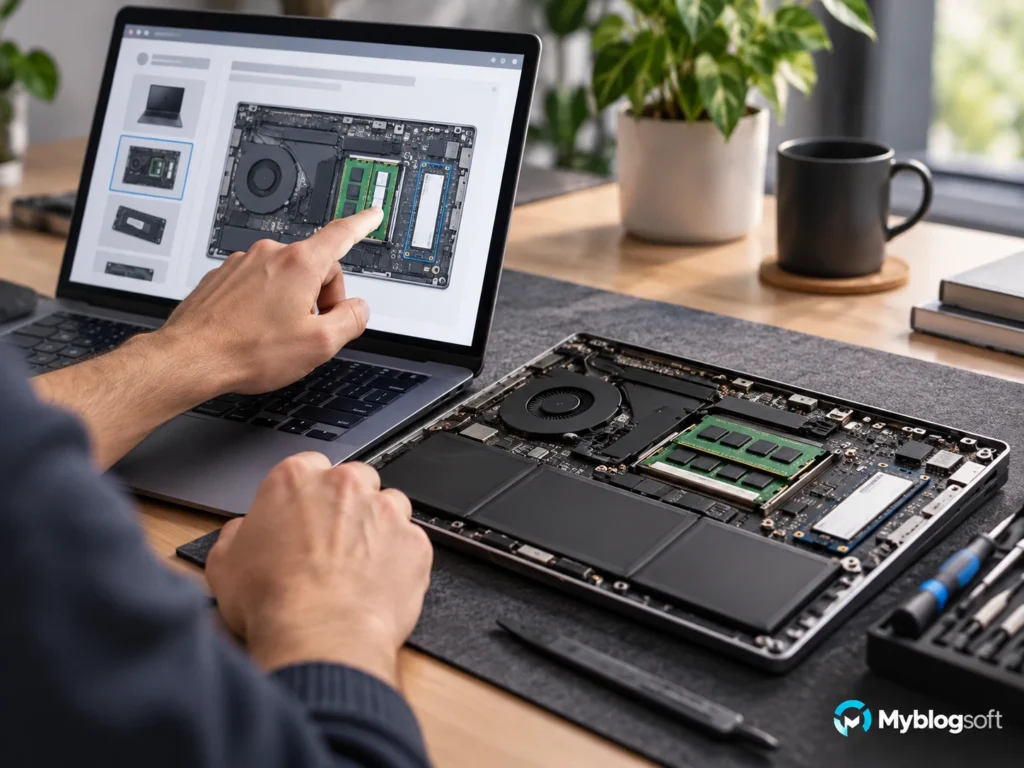 Usuario comprobando en pantalla y en el equipo si un portátil permite ampliar la RAM o el SSD.