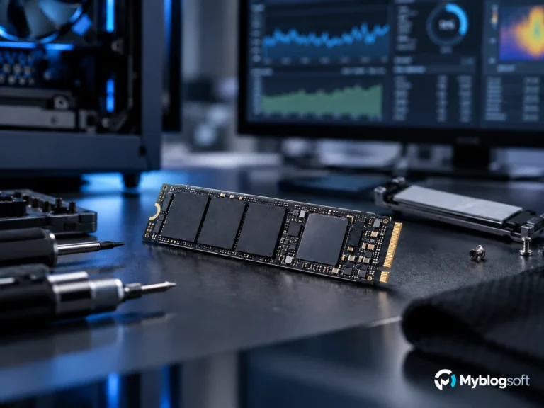 SSD NVMe sobre un banco técnico de diagnóstico de almacenamiento.