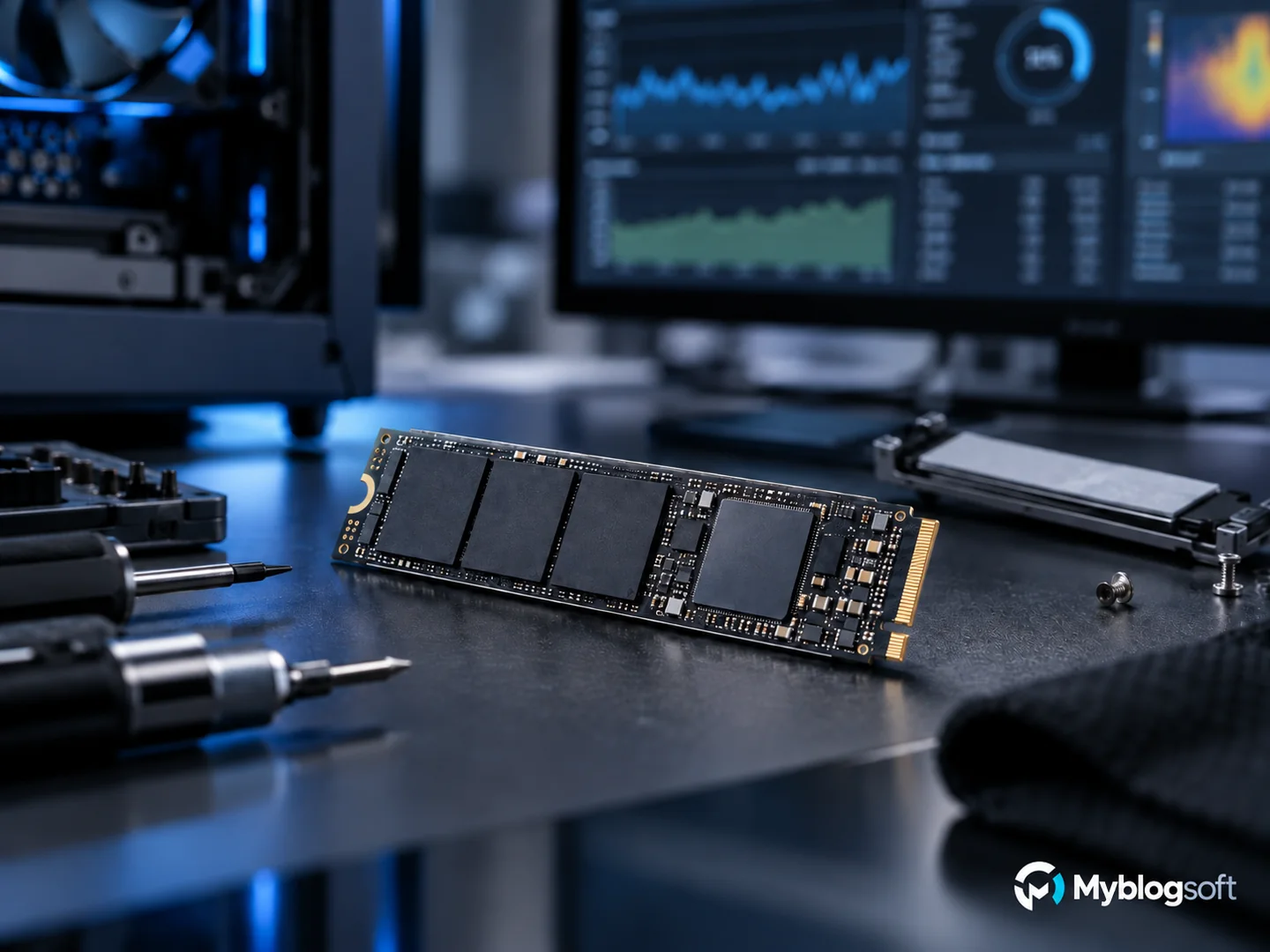 SSD NVMe sobre un banco técnico de diagnóstico de almacenamiento.