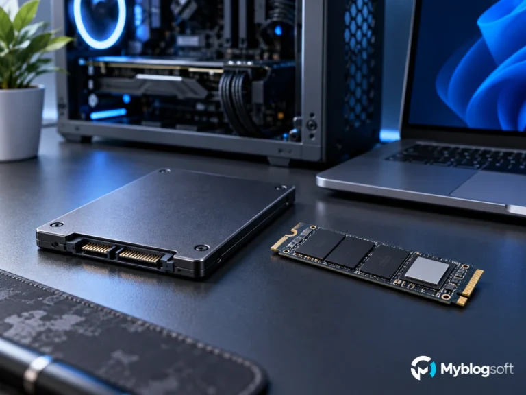 Comparativa editorial entre un SSD SATA de 2,5 pulgadas y un SSD NVMe M.2 sobre un escritorio técnico.