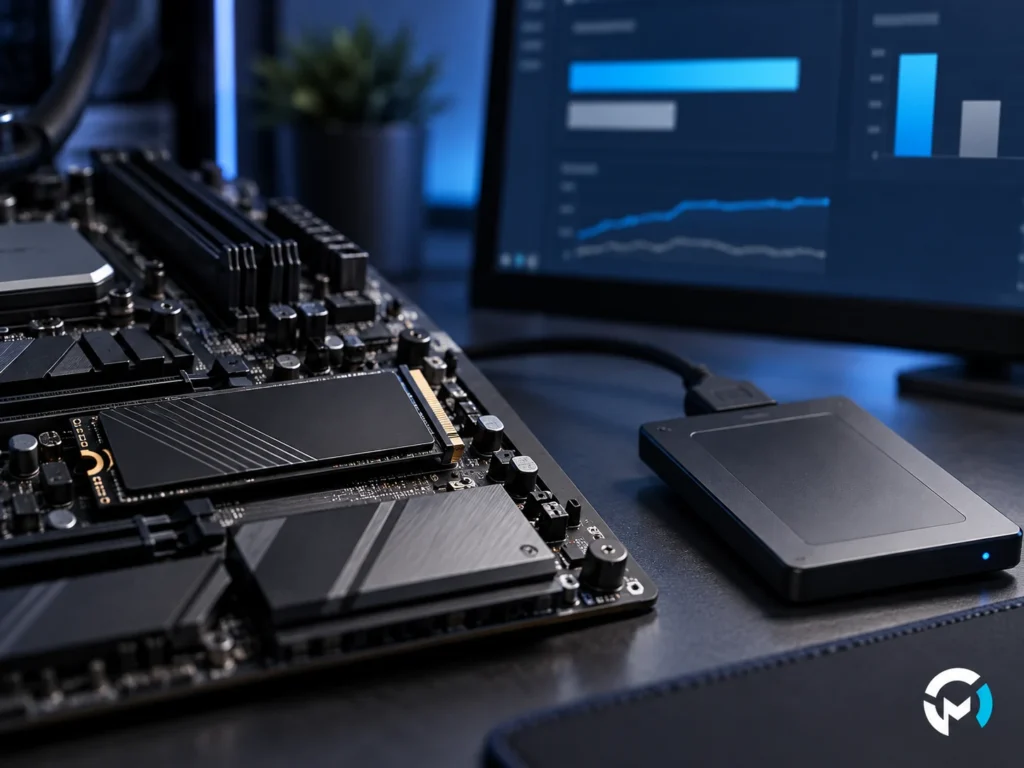 Banco de pruebas con un SSD NVMe instalado y una unidad SATA junto a gráficos de rendimiento.