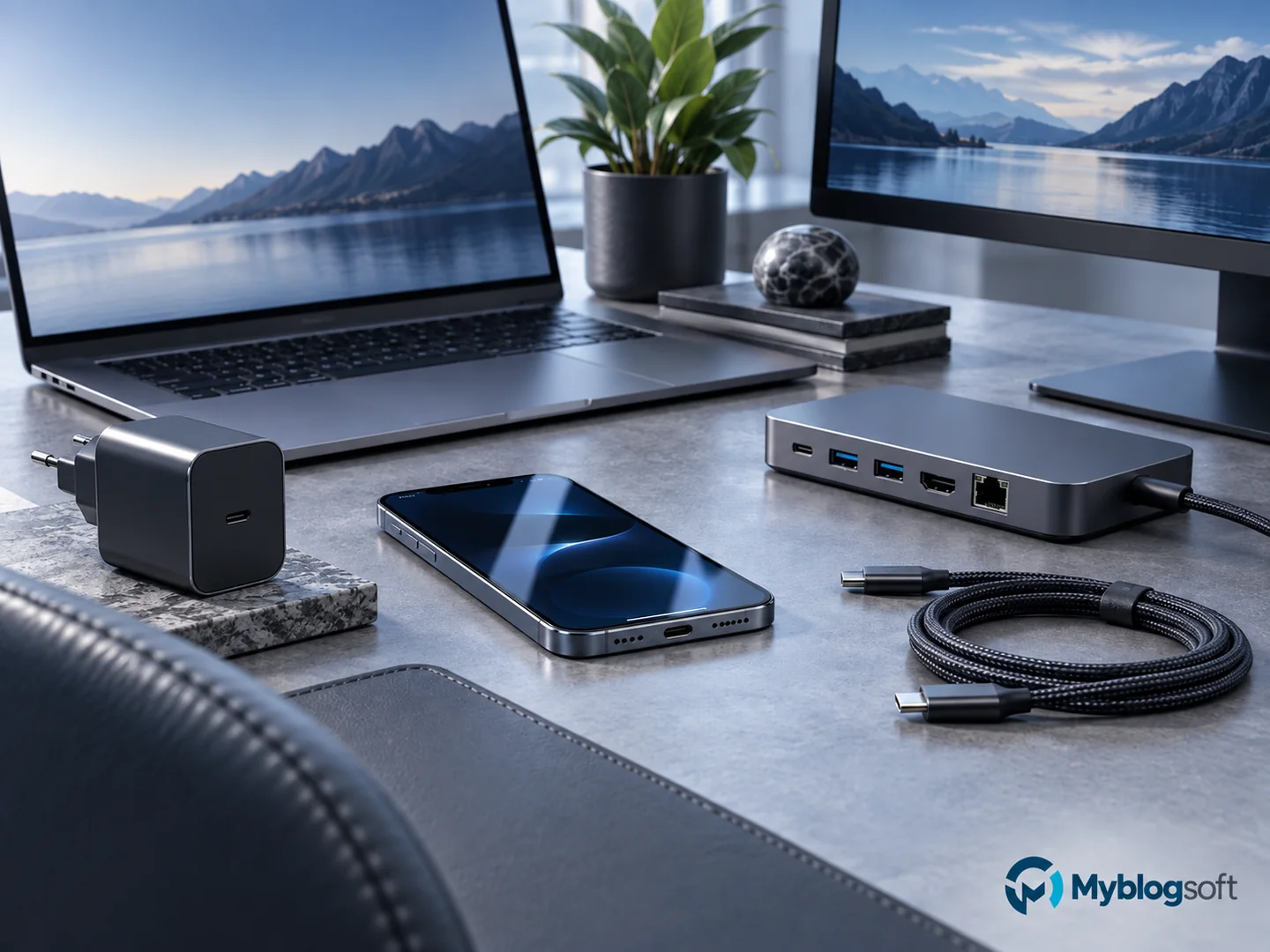 Estación de trabajo con cargador, cable y hub USB-C para distintos usos.