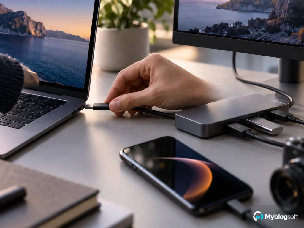 Conexión de un cable USB-C entre un portátil y un hub multipuerto.