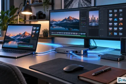 Portátil conectado por USB-C a un dock, monitor, almacenamiento externo y red en una estación de trabajo de alto rendimiento.
