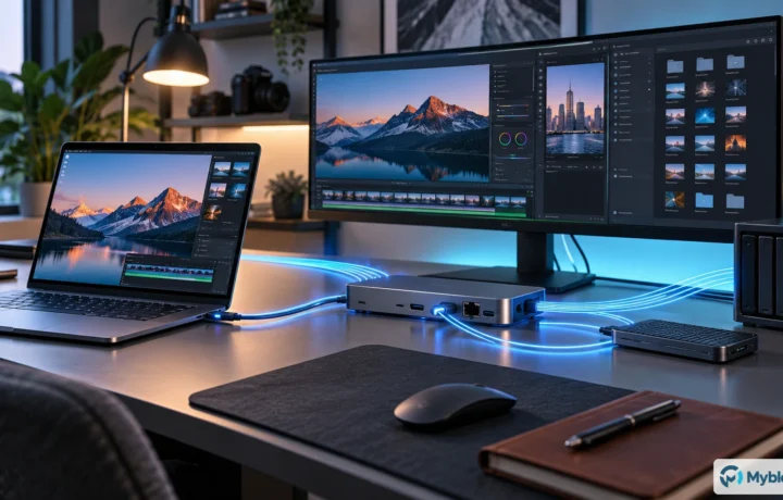 Portátil conectado por USB-C a un dock, monitor, almacenamiento externo y red en una estación de trabajo de alto rendimiento.