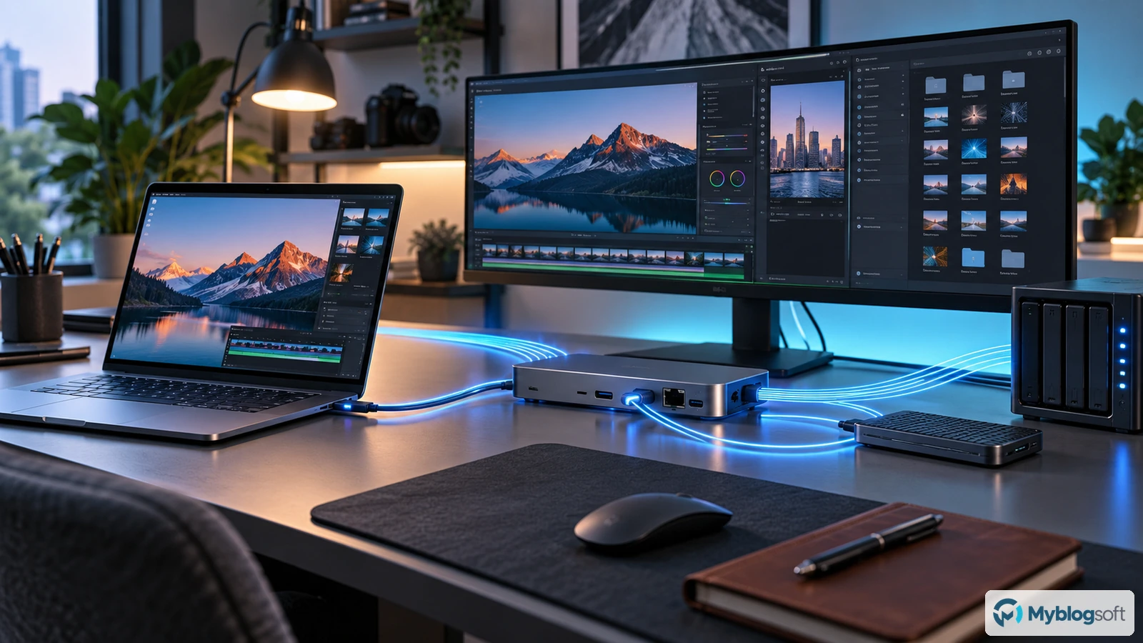 Portátil conectado por USB-C a un dock, monitor, almacenamiento externo y red en una estación de trabajo de alto rendimiento.
