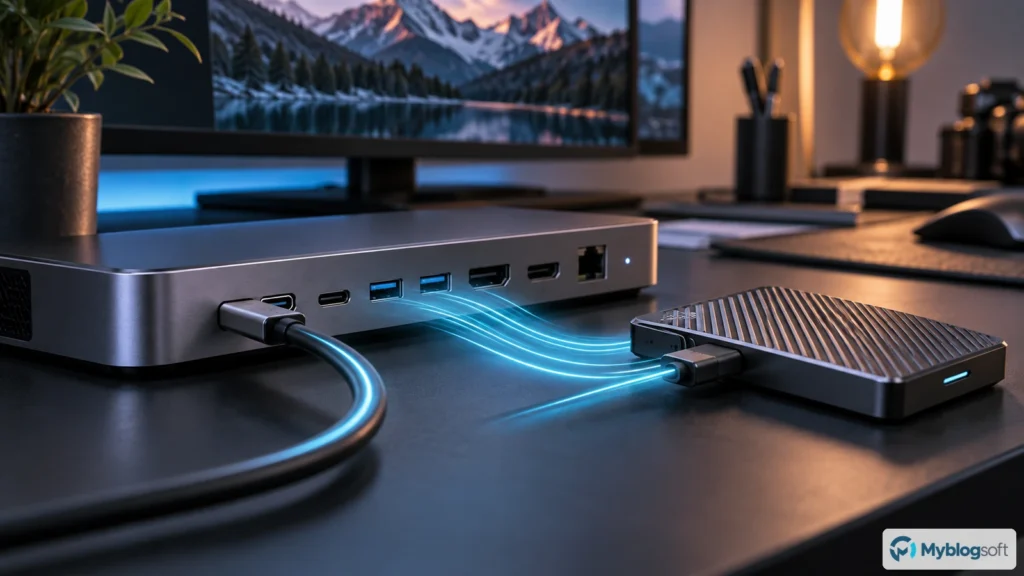 Primer plano de un dock USB-C y una unidad SSD externa representando una conexión de datos de alta velocidad.