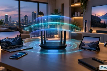 Router Wi-Fi moderno conectando portátil, tableta, móvil y consola dentro de un hogar conectado.