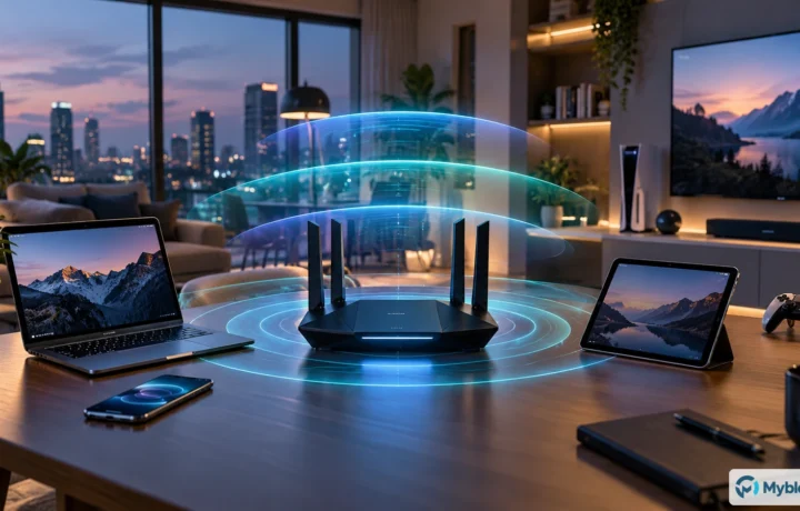 Router Wi-Fi moderno conectando portátil, tableta, móvil y consola dentro de un hogar conectado.