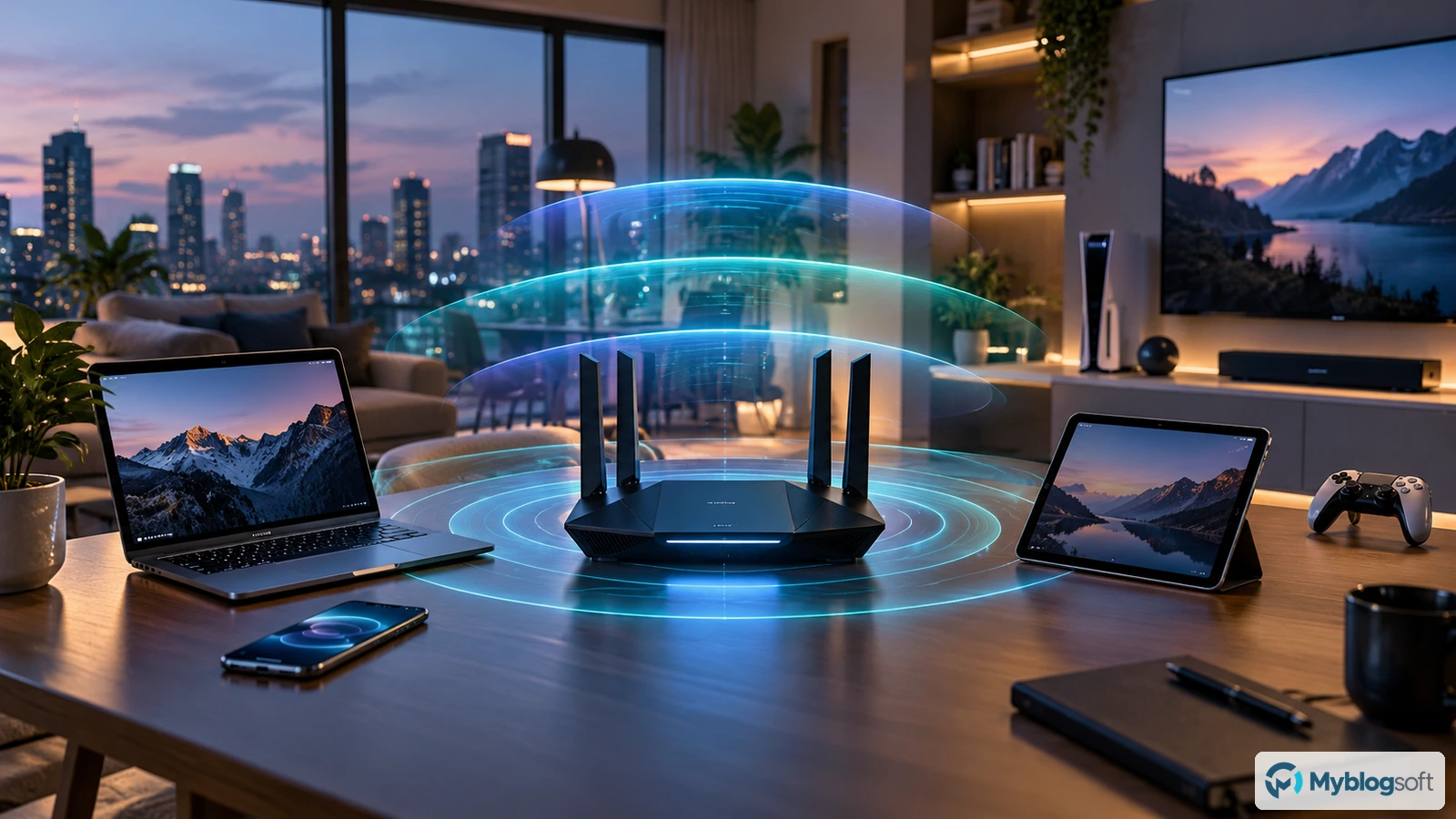 Router Wi-Fi moderno conectando portátil, tableta, móvil y consola dentro de un hogar conectado.