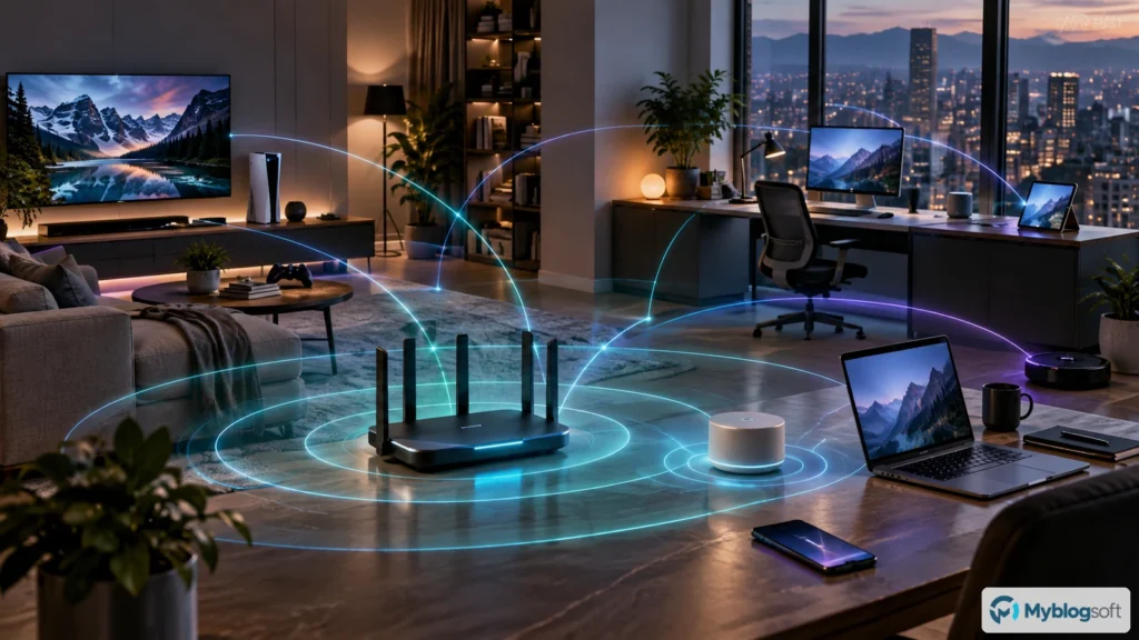 Cobertura inalámbrica de un router y un punto de acceso distribuyéndose por distintas zonas de una vivienda.