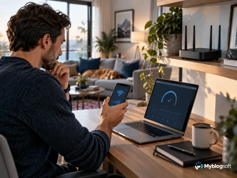 Usuario midiendo la calidad del Wi-Fi doméstico junto a un router y un portátil.