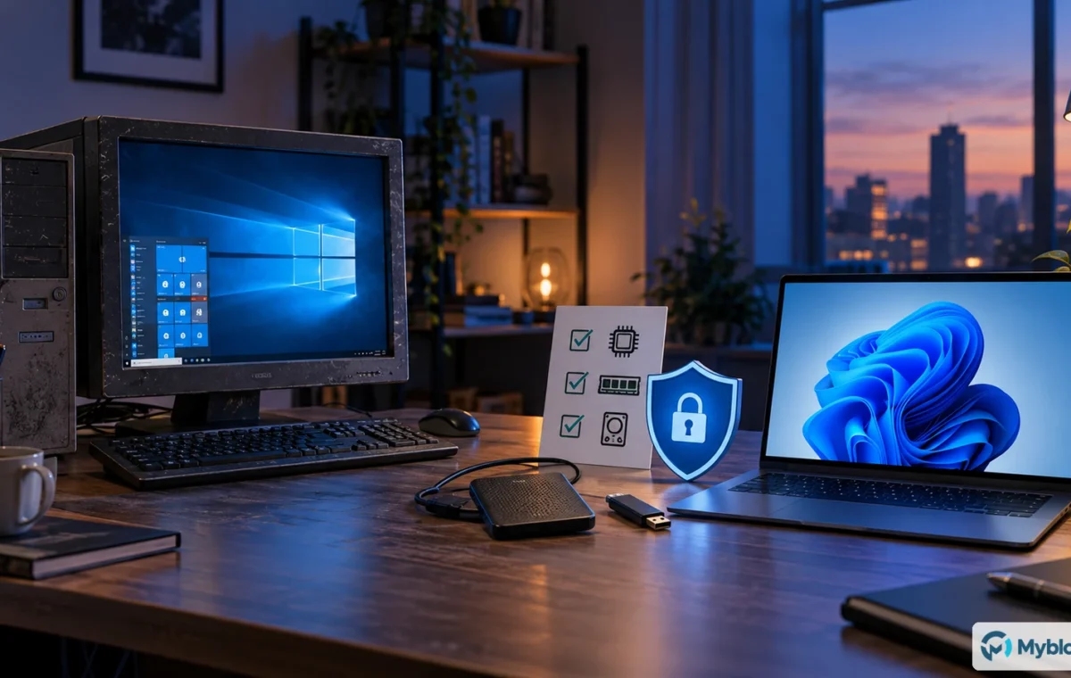 Equipo con Windows 10 junto a un portátil moderno, copia de seguridad y elementos de seguridad para planificar una migración.