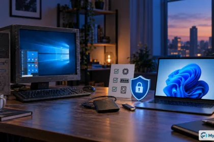 Equipo con Windows 10 junto a un portátil moderno, copia de seguridad y elementos de seguridad para planificar una migración.