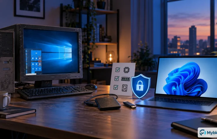 Equipo con Windows 10 junto a un portátil moderno, copia de seguridad y elementos de seguridad para planificar una migración.