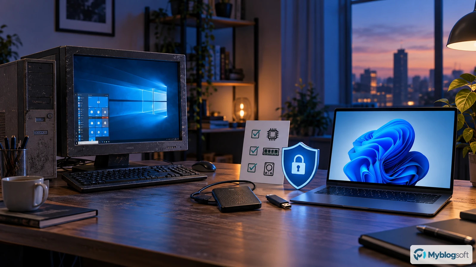 Equipo con Windows 10 junto a un portátil moderno, copia de seguridad y elementos de seguridad para planificar una migración.