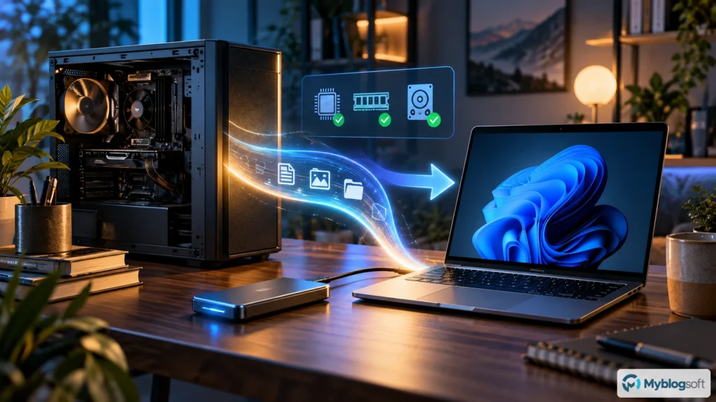 Migración de archivos desde un PC de escritorio a un portátil moderno mediante almacenamiento externo.