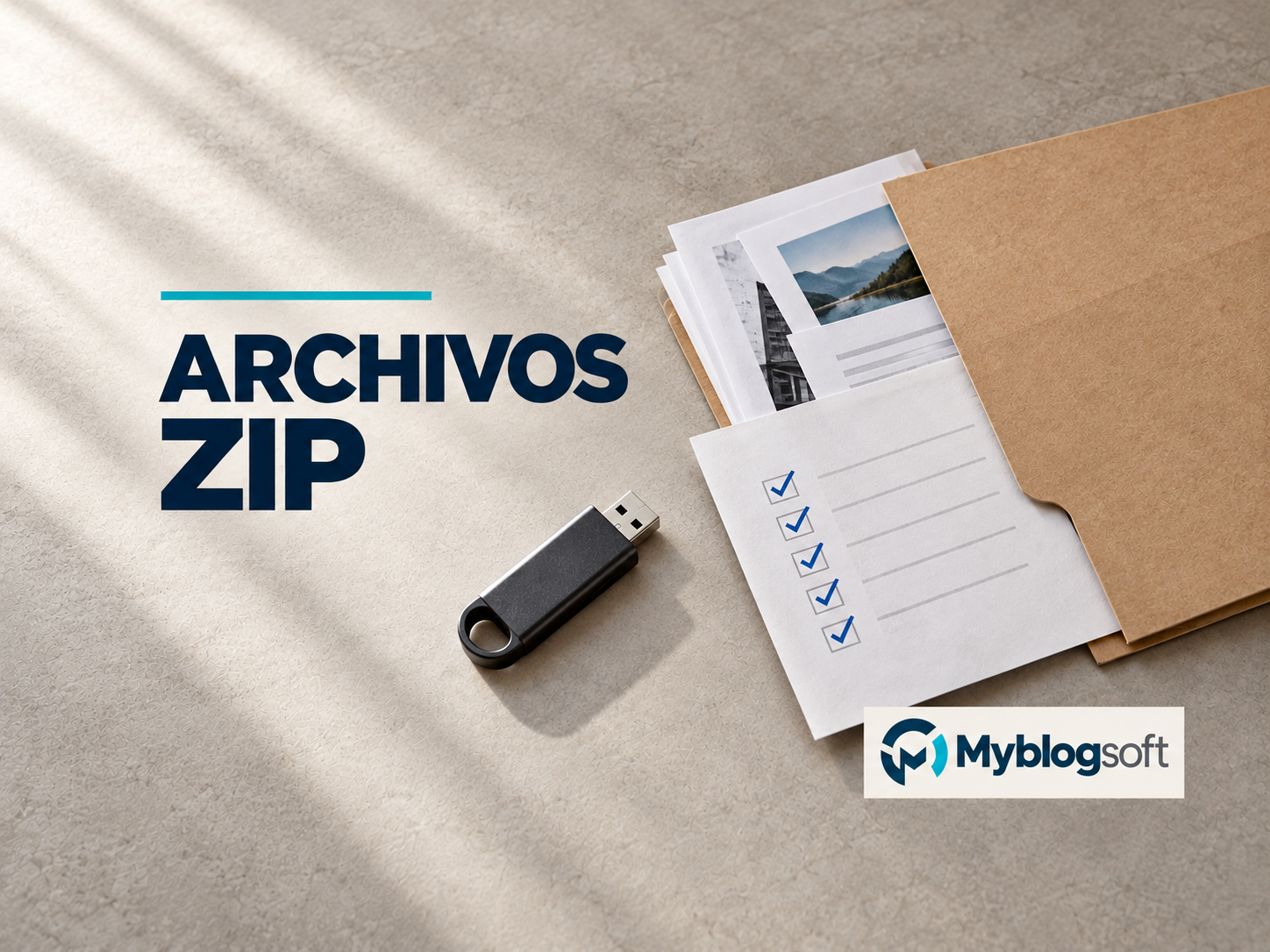 Portada editorial generada con IA: memoria USB, documentos y lista de comprobación de un ZIP.