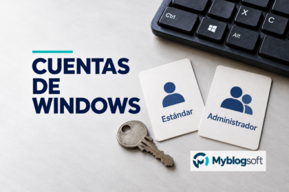 Portada editorial generada con IA: tarjetas de usuario estándar y administrador junto a un teclado de Windows.