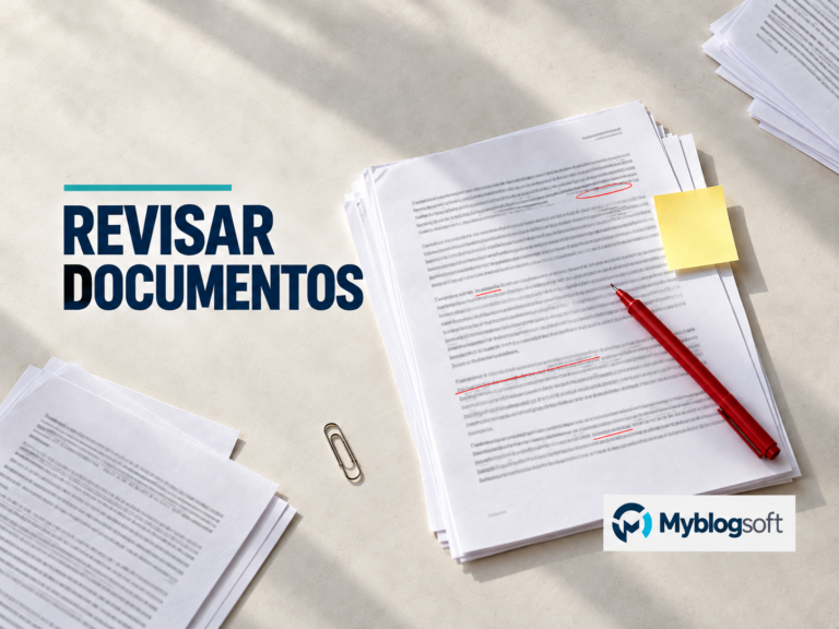Portada editorial generada con IA: documentos con marcas de revisión y un bolígrafo rojo.